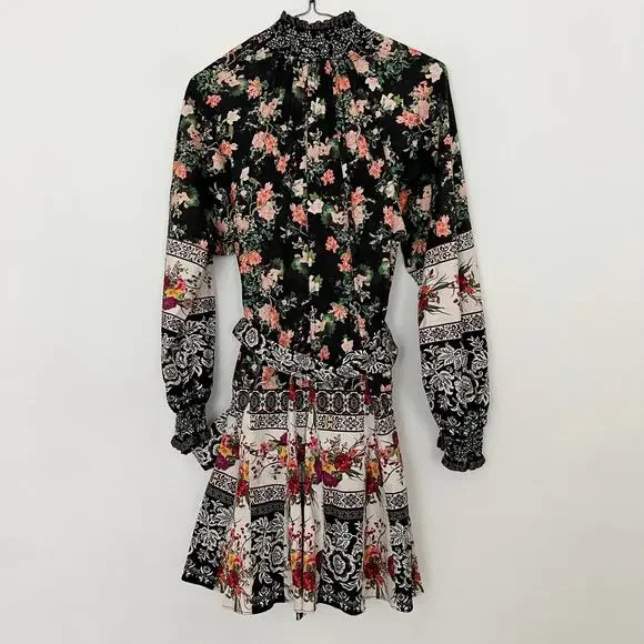 NEW Alice + Olivia Janis Mock Neck Dress Womens 4 Black Floral Mini Dream Castle - Picture 2 of 8